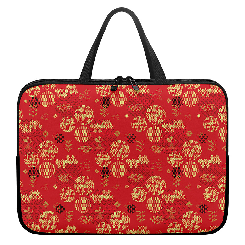 Red Japanese Pattern Print Laptop Sleeve With Handle