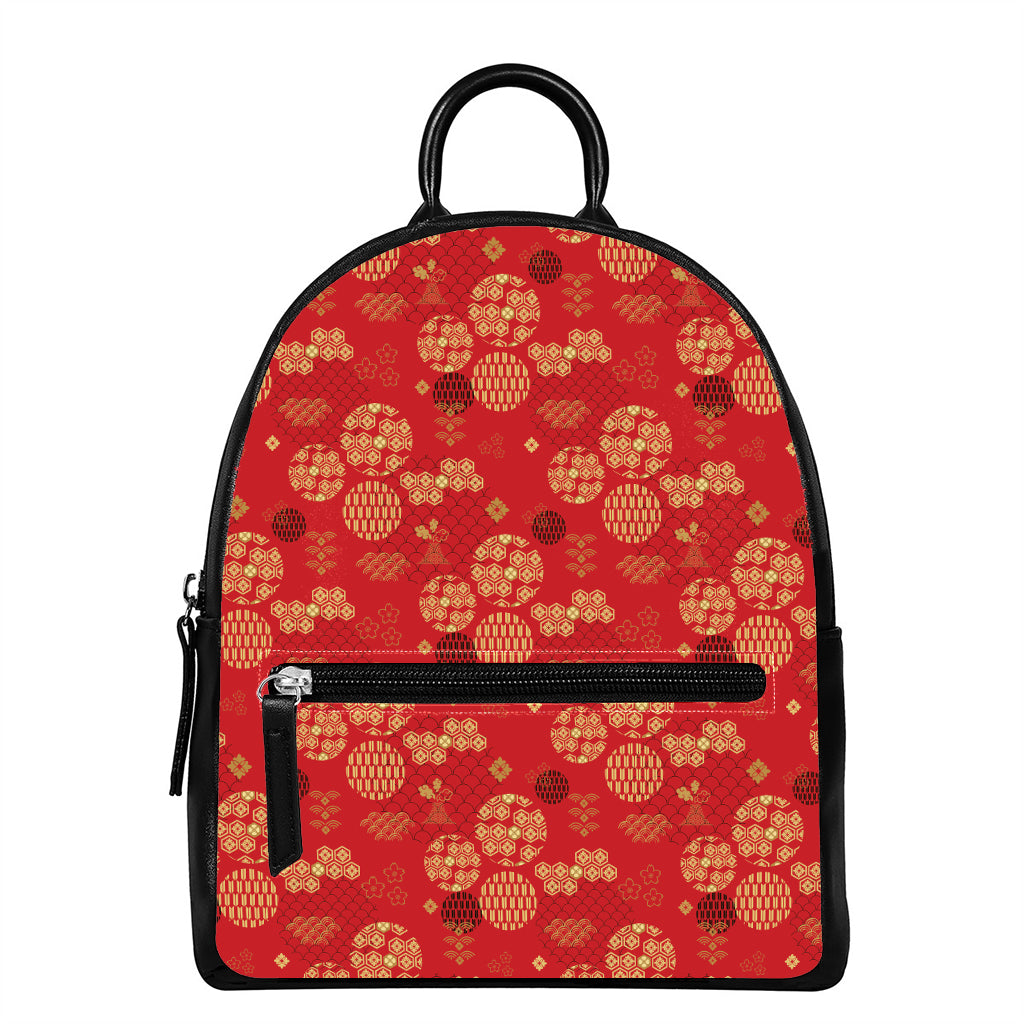 Red Japanese Pattern Print Leather Backpack