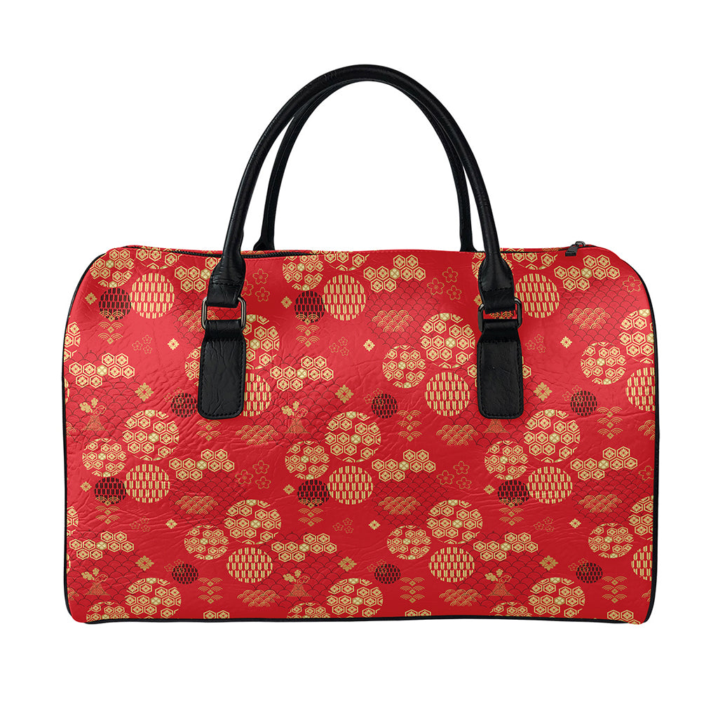 Red Japanese Pattern Print Leather Duffle Bag