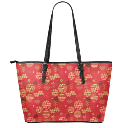 Red Japanese Pattern Print Leather Tote Bag