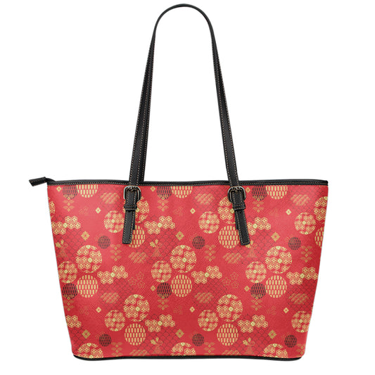 Red Japanese Pattern Print Leather Tote Bag