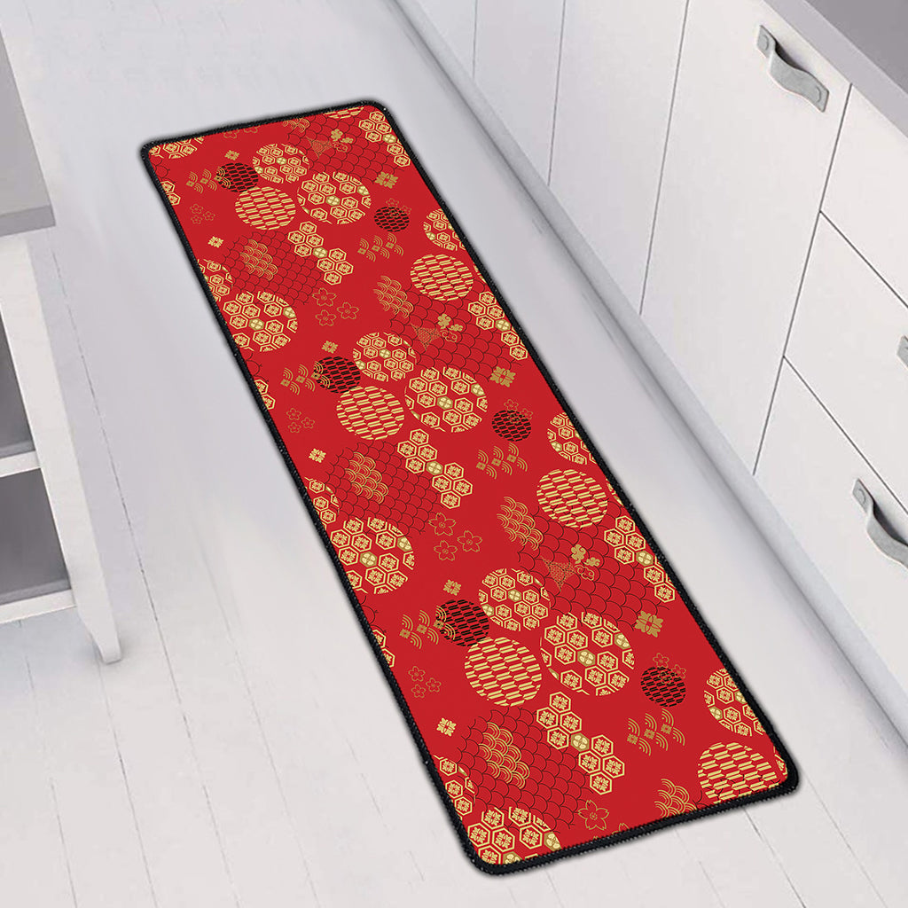 Red Japanese Pattern Print Long Kitchen Mat