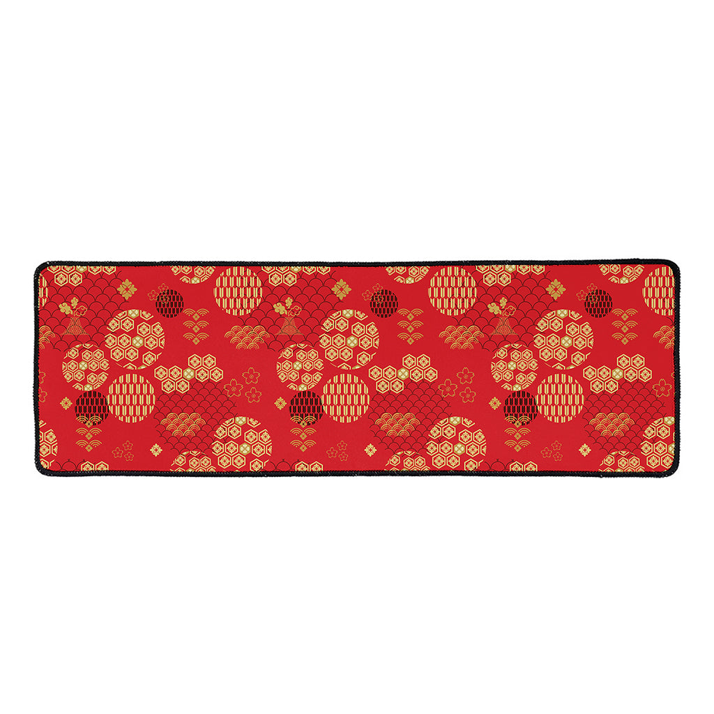 Red Japanese Pattern Print Long Kitchen Mat