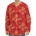 Red Japanese Pattern Print Long Sleeve Baseball Jersey