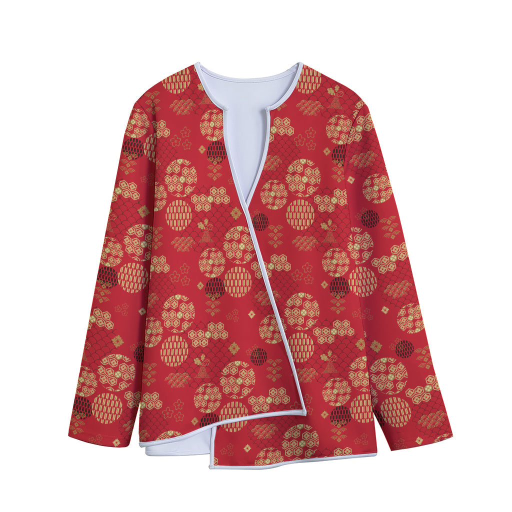 Red Japanese Pattern Print Long Sleeve Short Coat