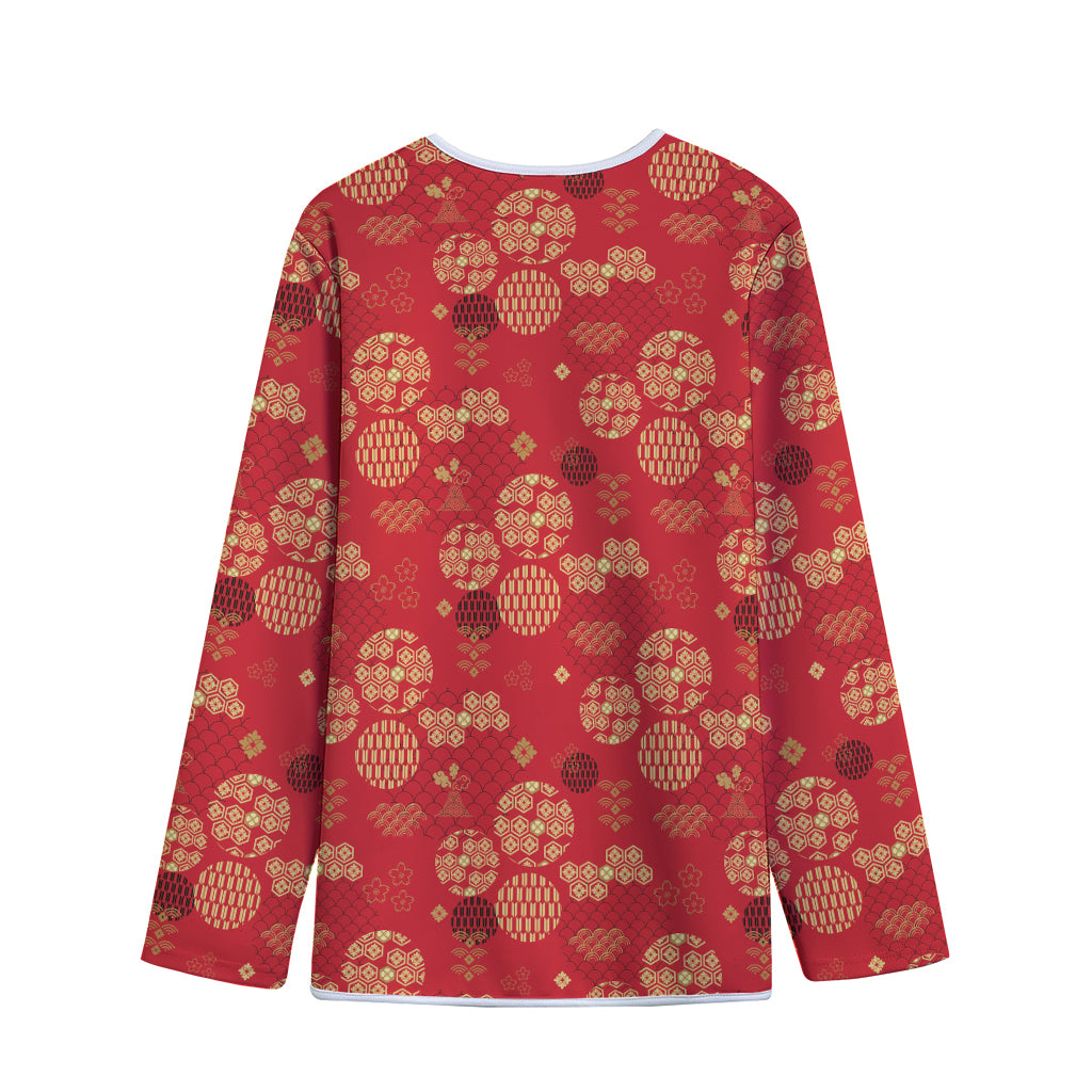 Red Japanese Pattern Print Long Sleeve Short Coat