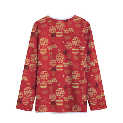 Red Japanese Pattern Print Long Sleeve Short Coat
