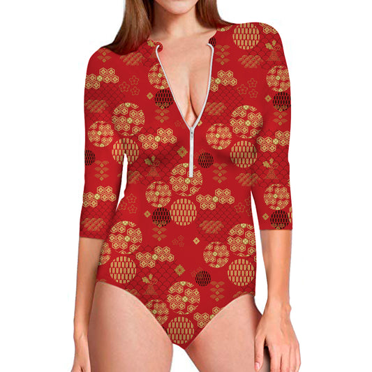 Red Japanese Pattern Print Long Sleeve Swimsuit