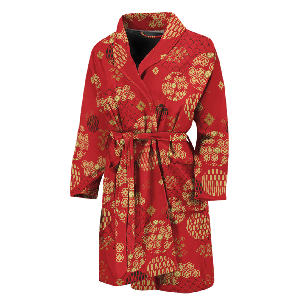 Red Japanese Pattern Print Men's Bathrobe
