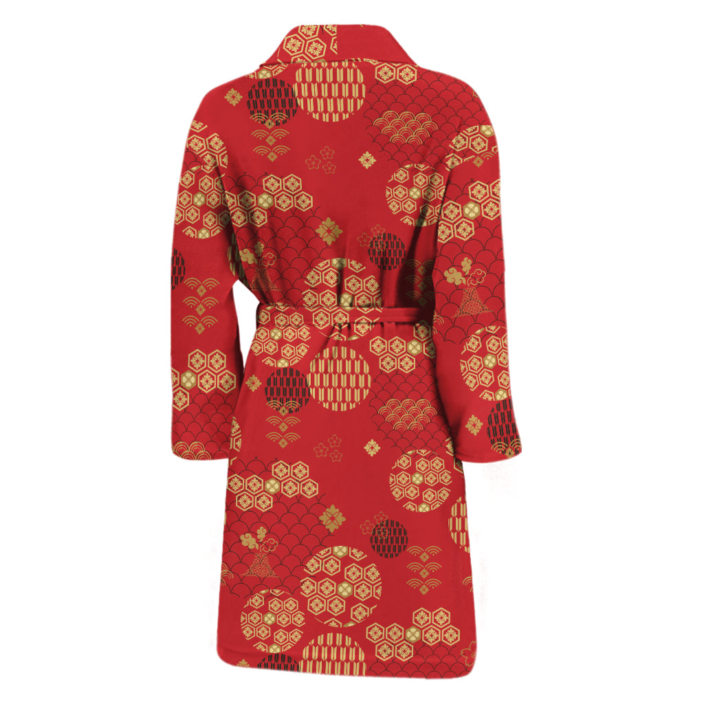 Red Japanese Pattern Print Men's Bathrobe