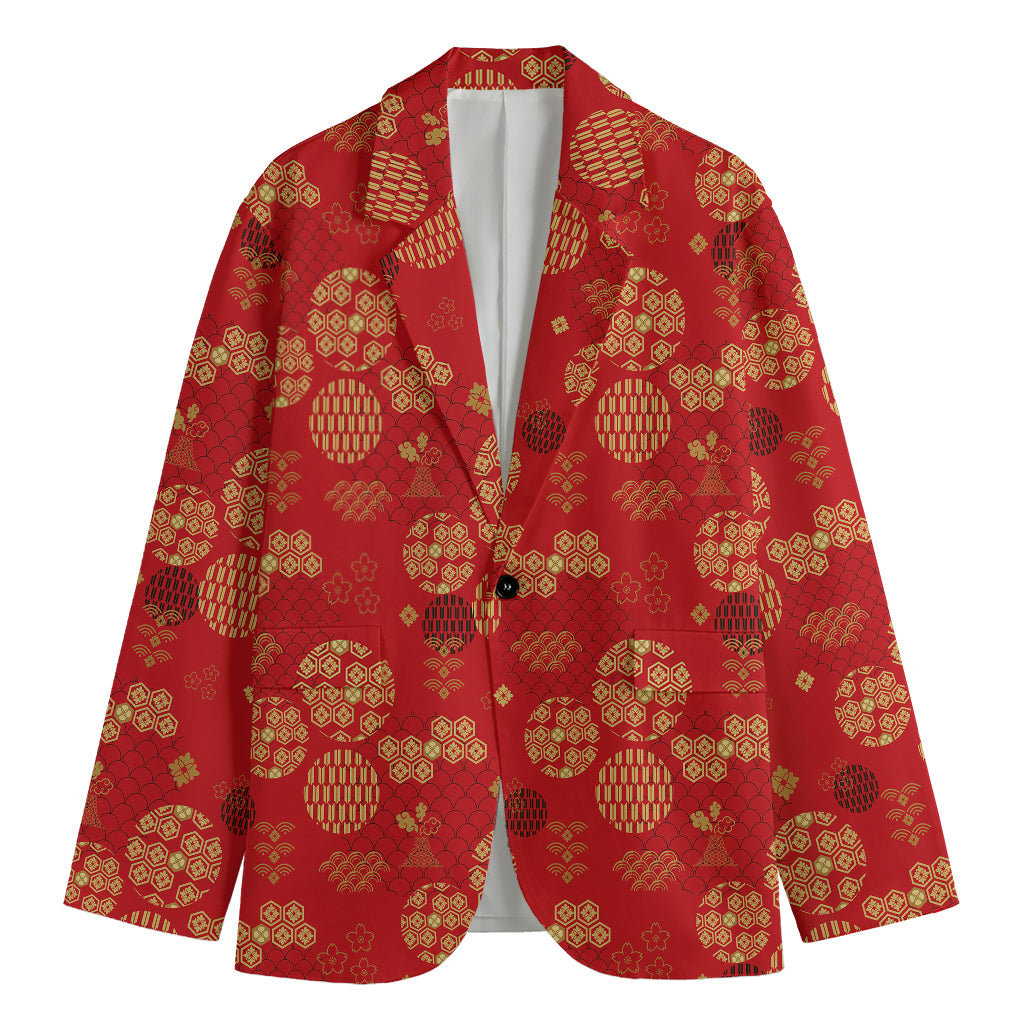 Red Japanese Pattern Print Men's Blazer
