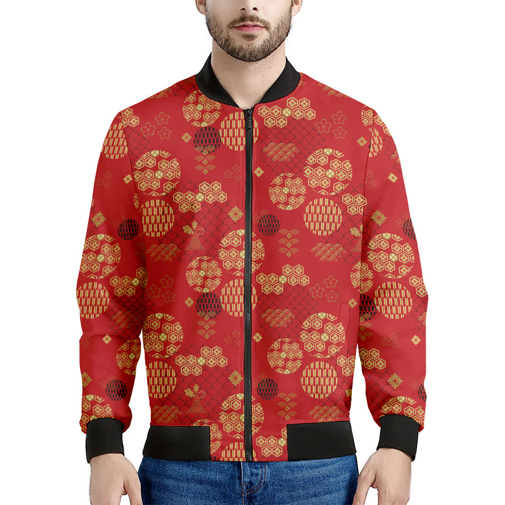 Red Japanese Pattern Print Men's Bomber Jacket