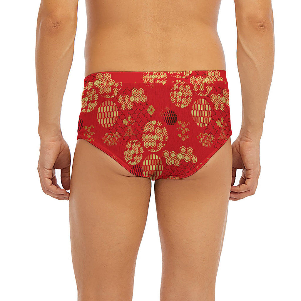 Red Japanese Pattern Print Men's Briefs
