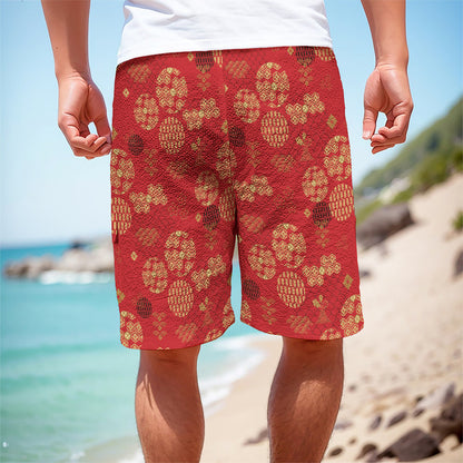 Red Japanese Pattern Print Men's Cargo Shorts