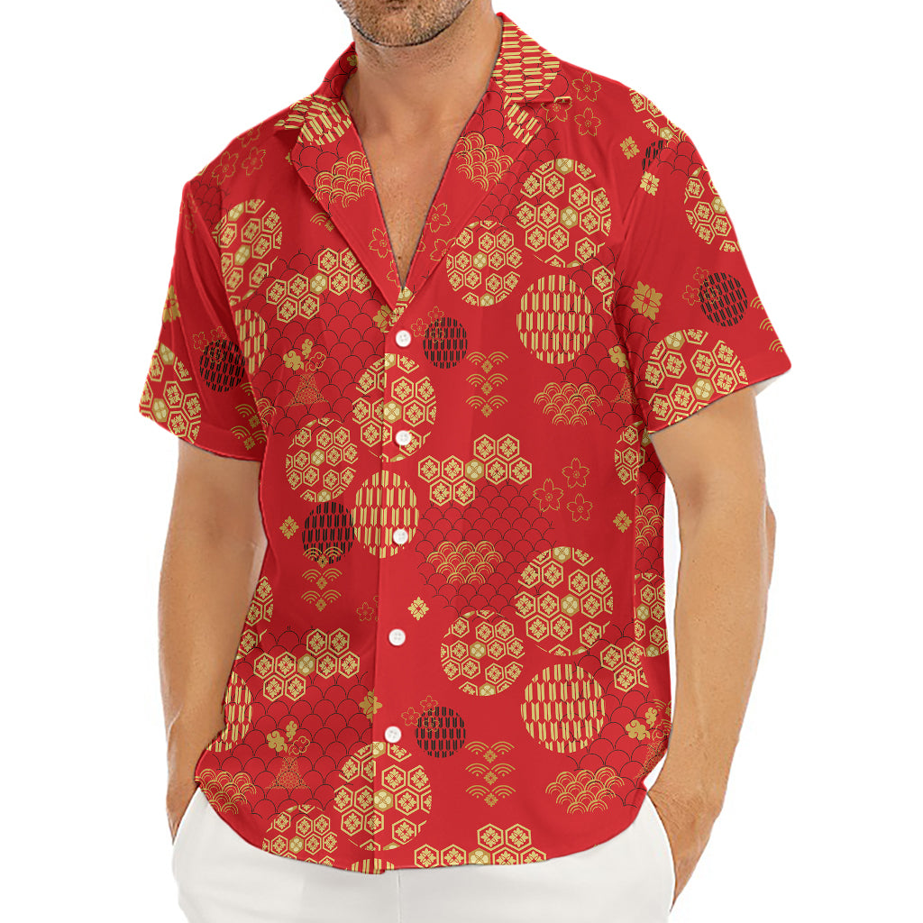 Red Japanese Pattern Print Men's Deep V-Neck Shirt
