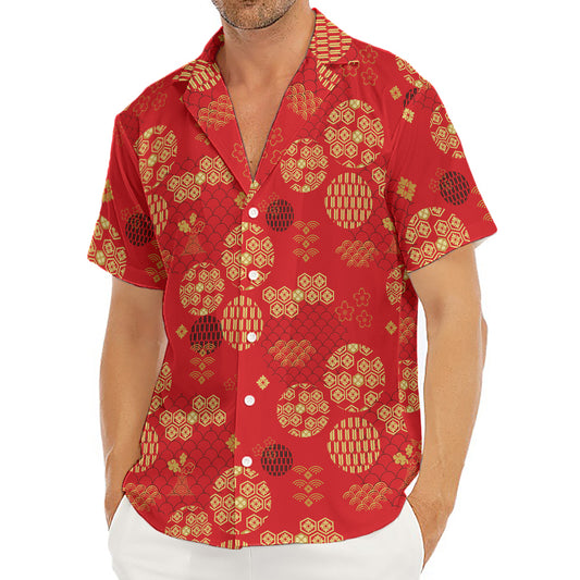 Red Japanese Pattern Print Men's Deep V-Neck Shirt