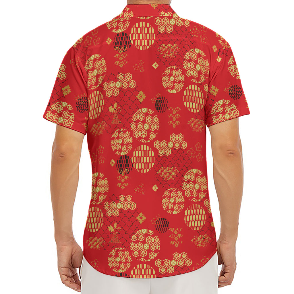 Red Japanese Pattern Print Men's Deep V-Neck Shirt