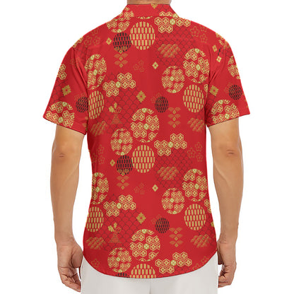 Red Japanese Pattern Print Men's Deep V-Neck Shirt