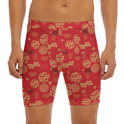 Red Japanese Pattern Print Men's Long Boxer Briefs