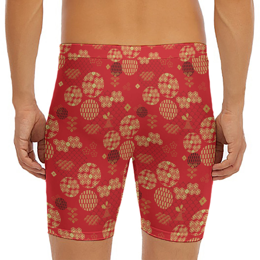 Red Japanese Pattern Print Men's Long Boxer Briefs