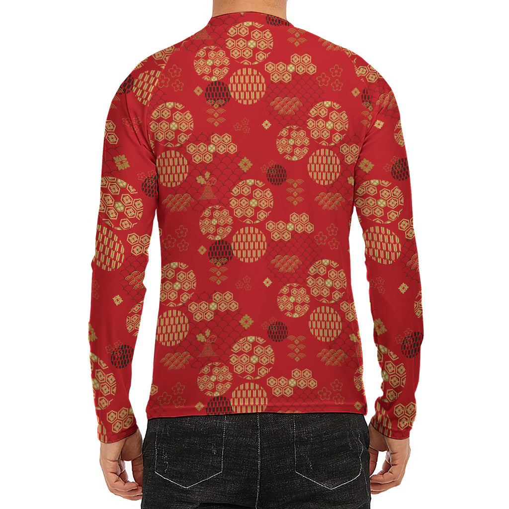 Red Japanese Pattern Print Men's Long Sleeve Rash Guard