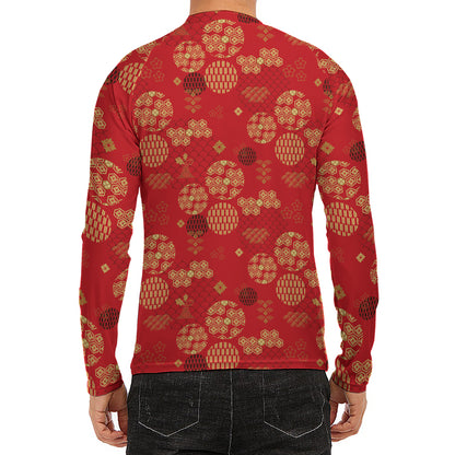 Red Japanese Pattern Print Men's Long Sleeve Rash Guard