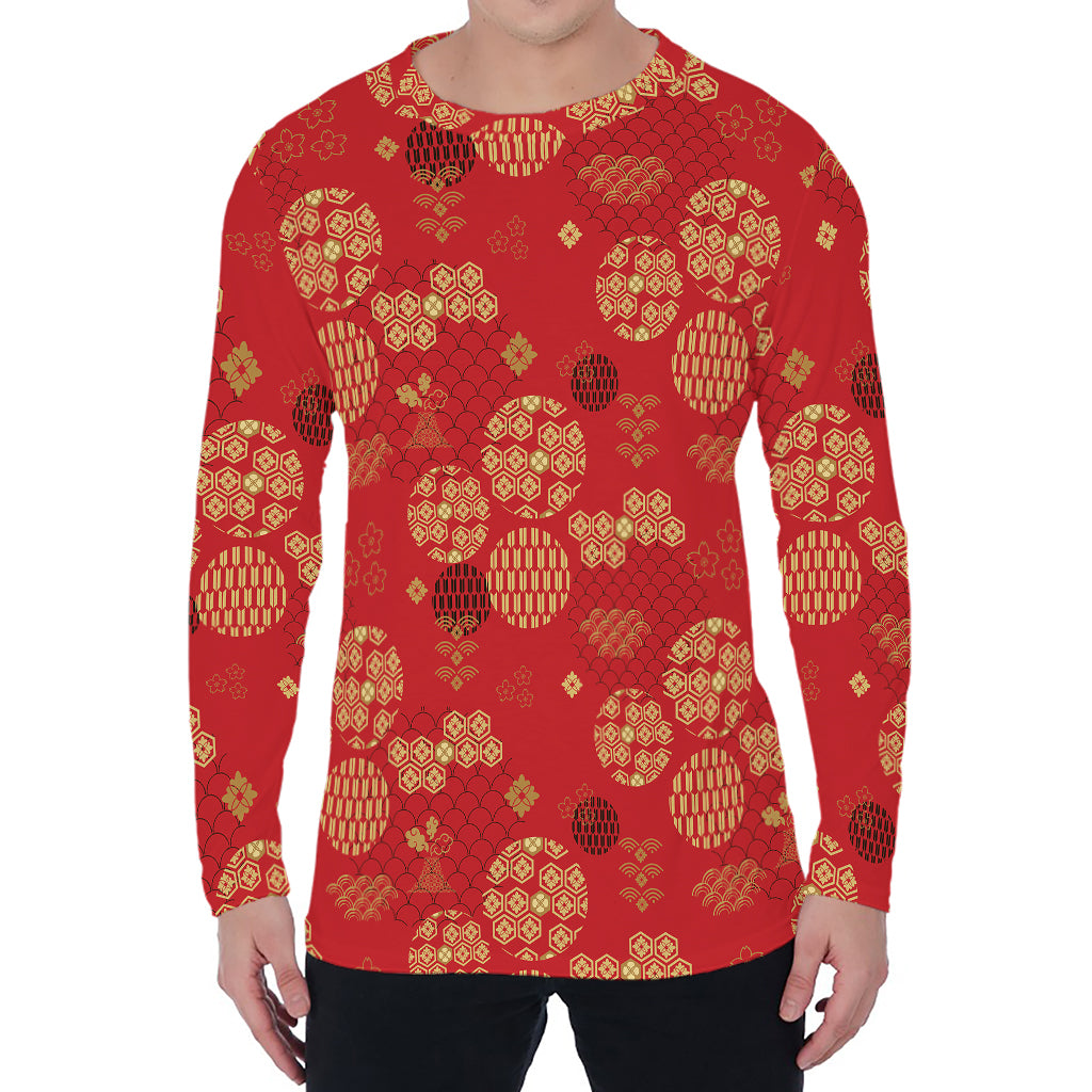 Red Japanese Pattern Print Men's Long Sleeve T-Shirt