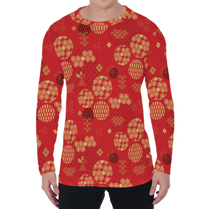 Red Japanese Pattern Print Men's Long Sleeve T-Shirt