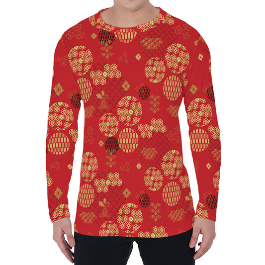 Red Japanese Pattern Print Men's Long Sleeve T-Shirt