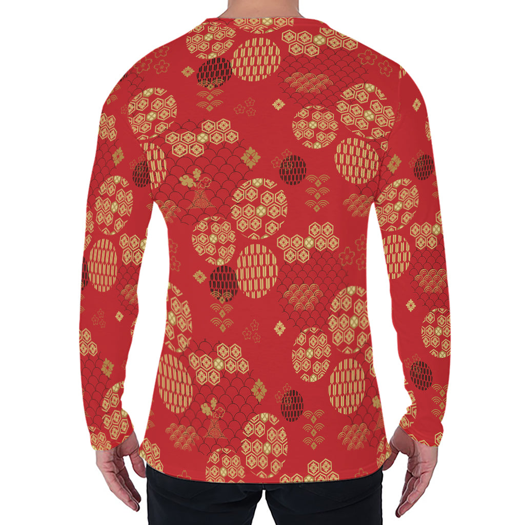 Red Japanese Pattern Print Men's Long Sleeve T-Shirt