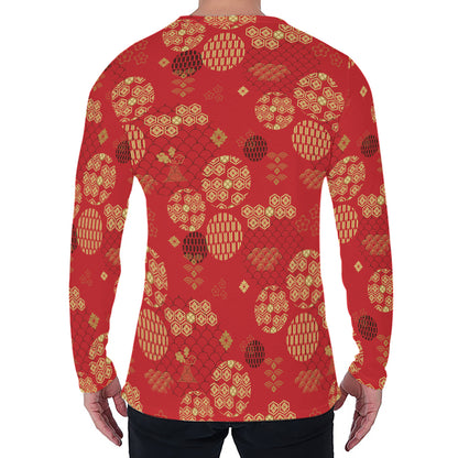 Red Japanese Pattern Print Men's Long Sleeve T-Shirt
