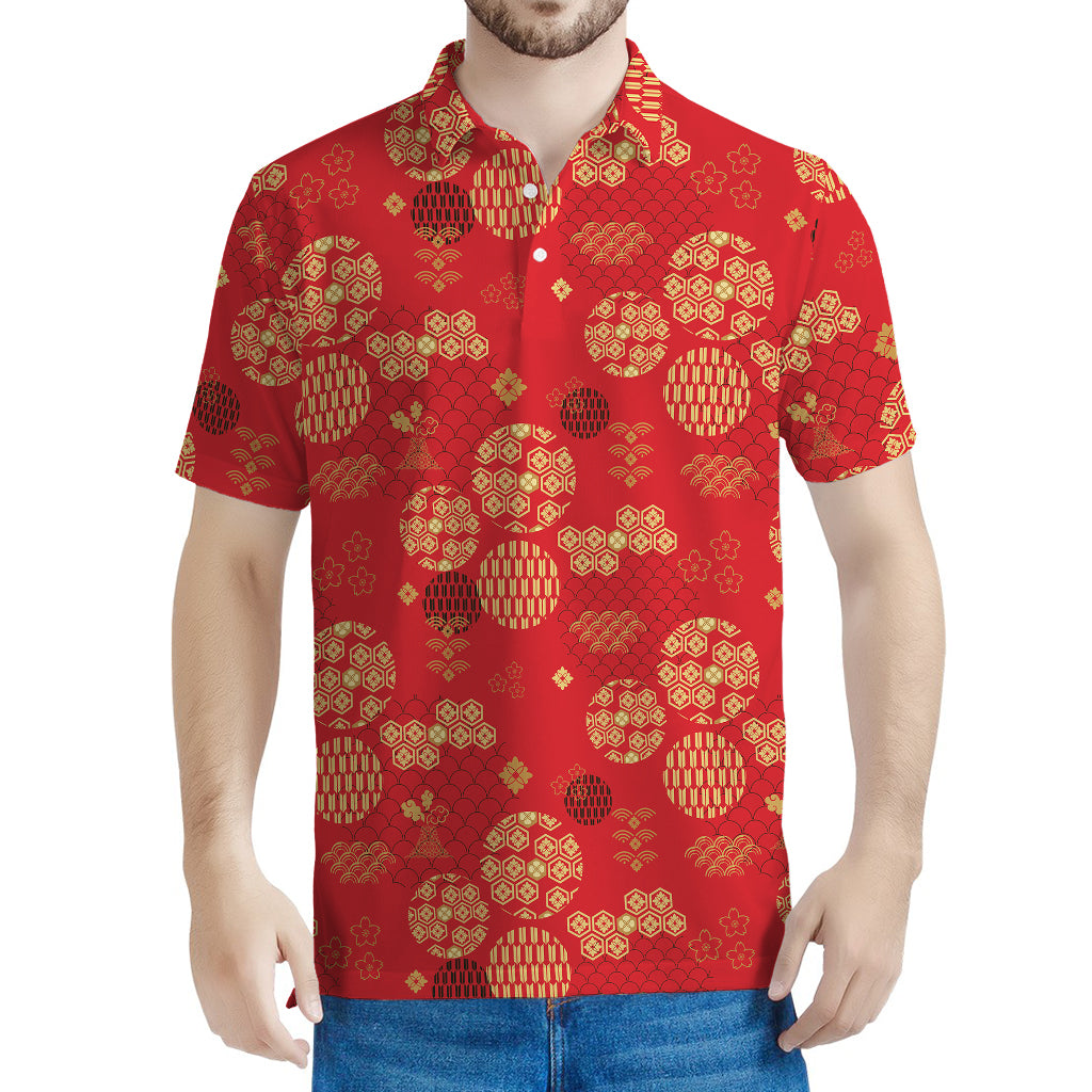 Red Japanese Pattern Print Men's Polo Shirt