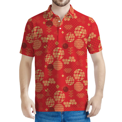 Red Japanese Pattern Print Men's Polo Shirt
