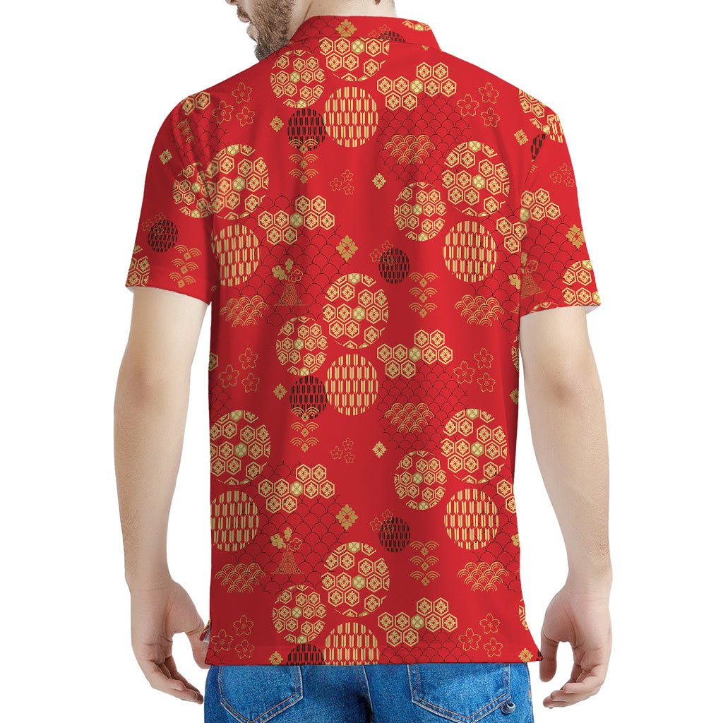 Red Japanese Pattern Print Men's Polo Shirt