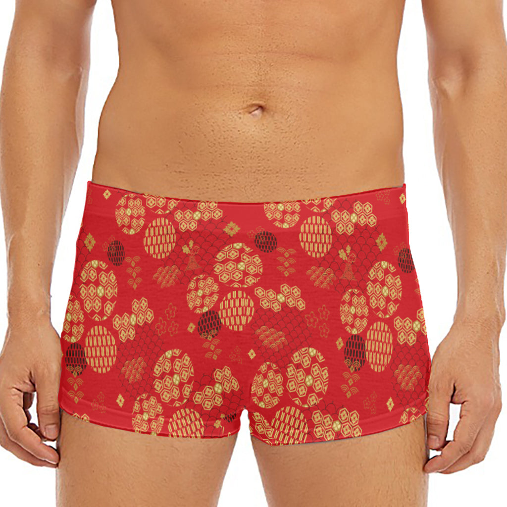 Red Japanese Pattern Print Men's Short Boxer Briefs