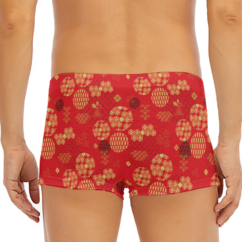 Red Japanese Pattern Print Men's Short Boxer Briefs