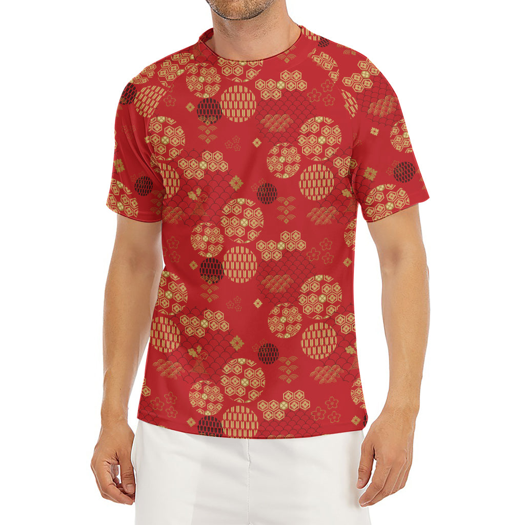 Red Japanese Pattern Print Men's Short Sleeve Rash Guard