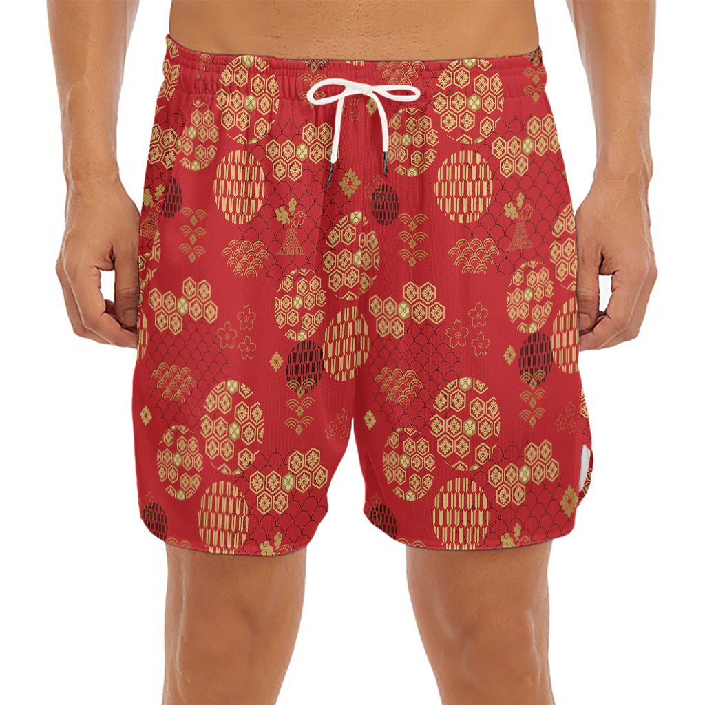 Red Japanese Pattern Print Men's Split Running Shorts