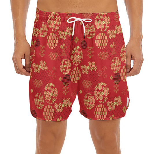 Red Japanese Pattern Print Men's Split Running Shorts