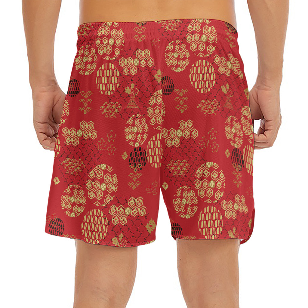 Red Japanese Pattern Print Men's Split Running Shorts
