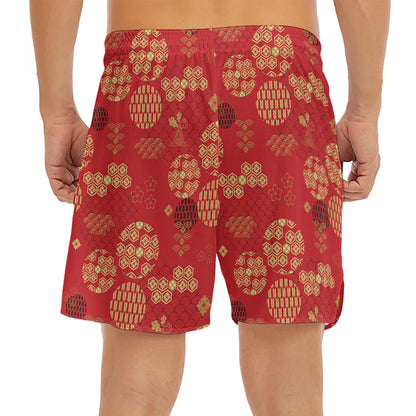 Red Japanese Pattern Print Men's Split Running Shorts