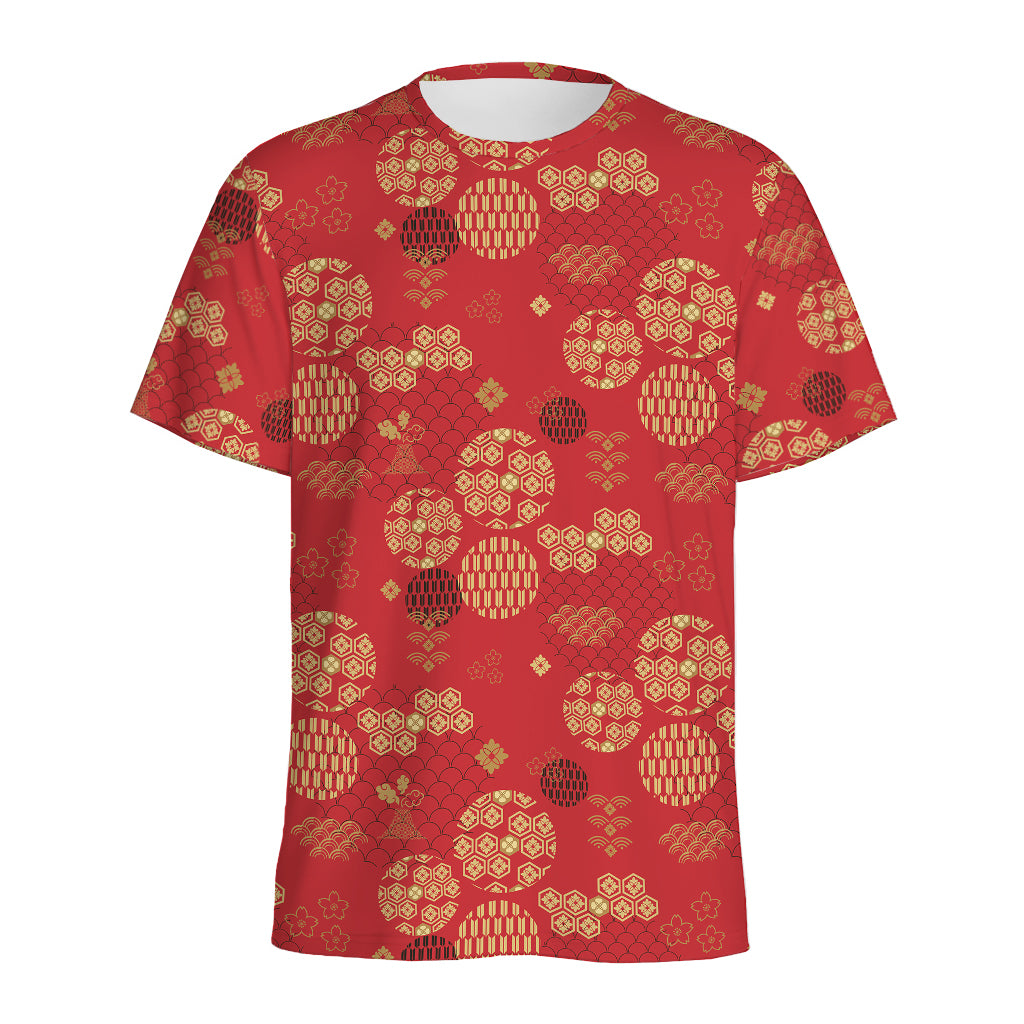 Red Japanese Pattern Print Men's Sports T-Shirt
