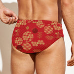 Red Japanese Pattern Print Men's Swim Briefs