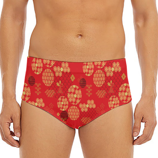 Red Japanese Pattern Print Men's Triangle Swim Briefs