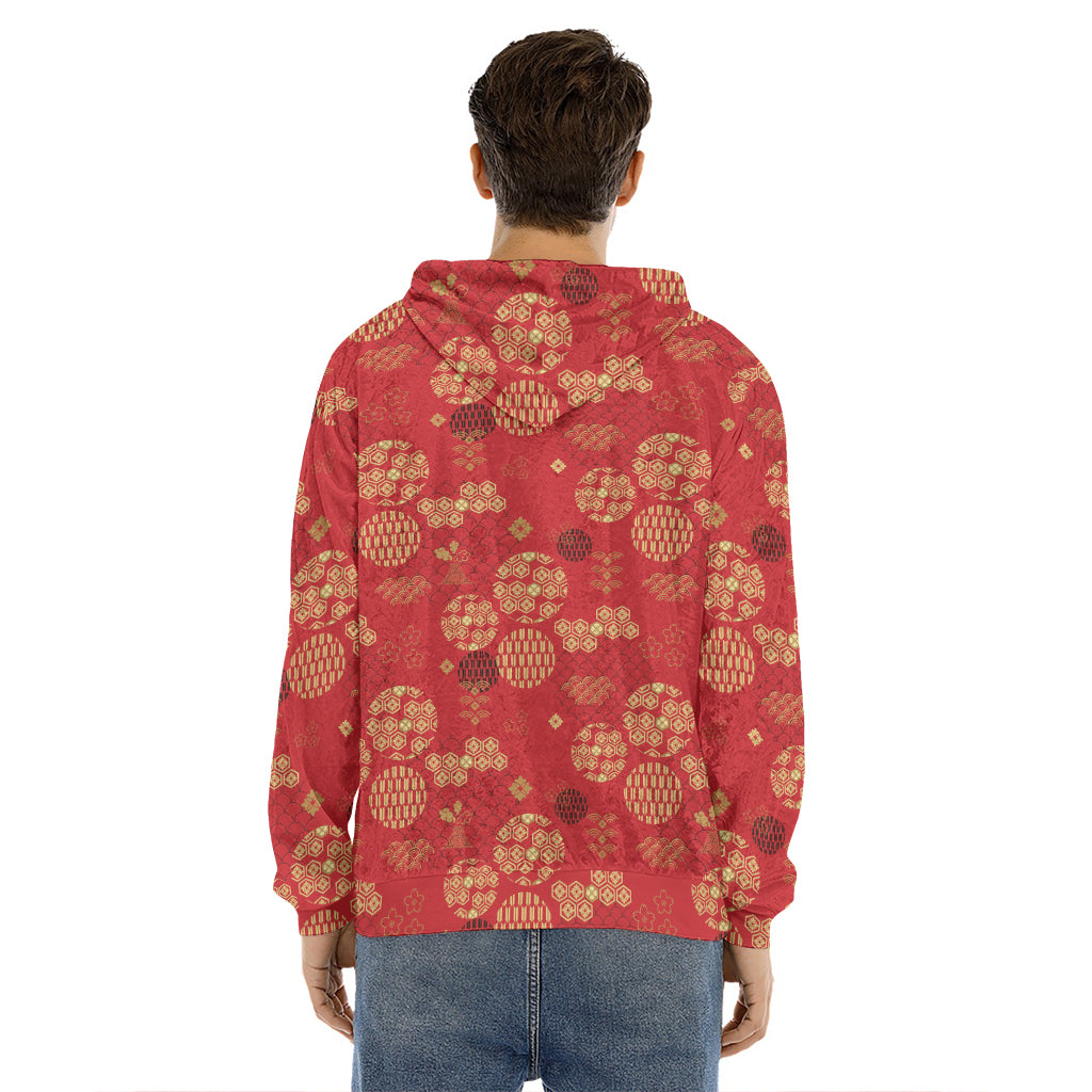 Red Japanese Pattern Print Men's Velvet Pullover Hoodie