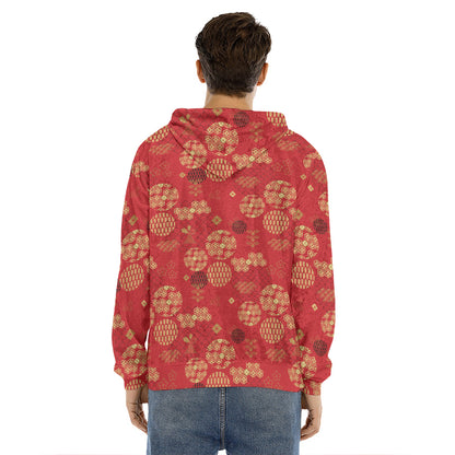 Red Japanese Pattern Print Men's Velvet Pullover Hoodie