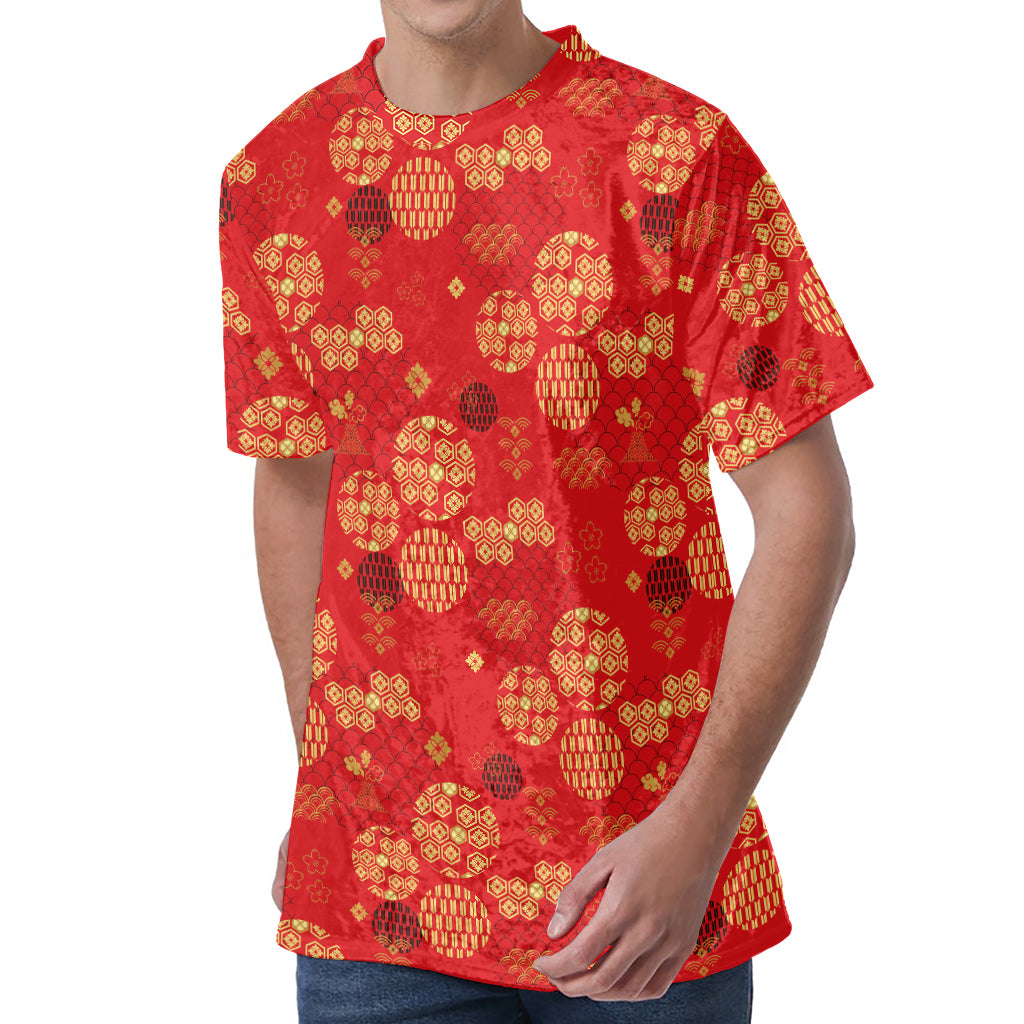 Red Japanese Pattern Print Men's Velvet T-Shirt