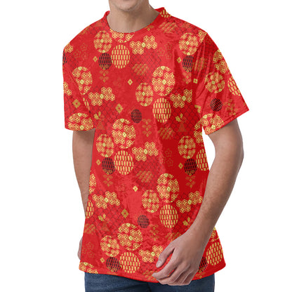 Red Japanese Pattern Print Men's Velvet T-Shirt