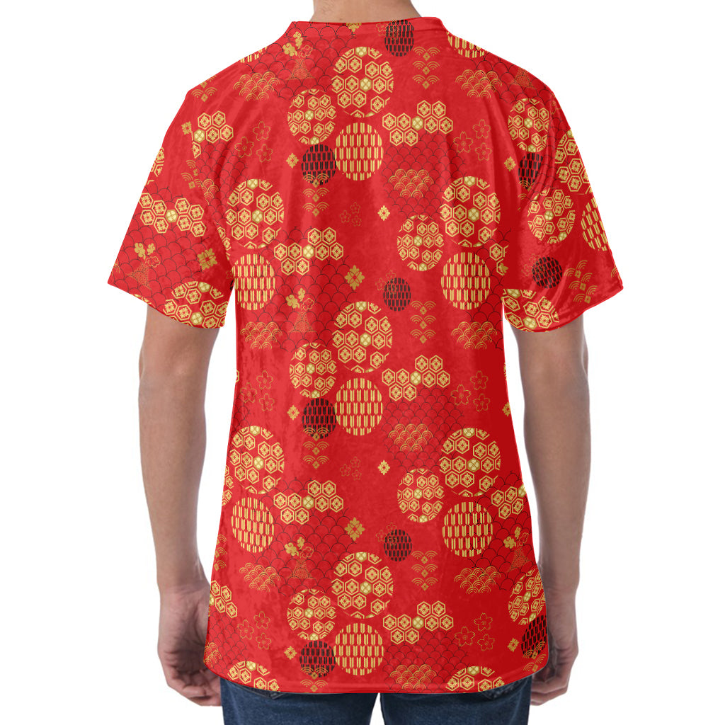 Red Japanese Pattern Print Men's Velvet T-Shirt