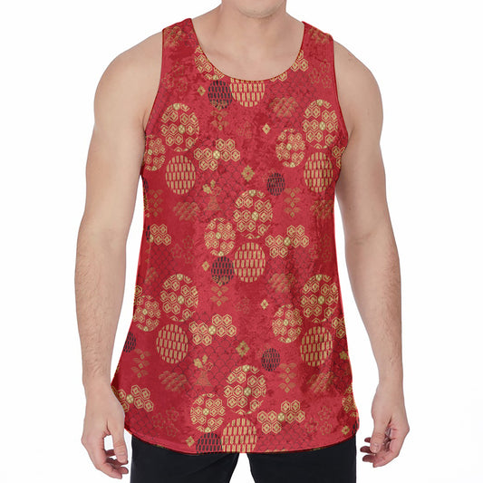 Red Japanese Pattern Print Men's Velvet Tank Top